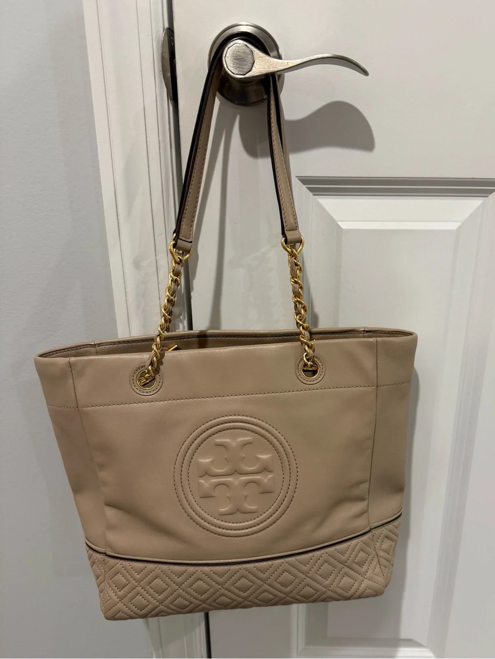 Tory Burch Fleming Light Taupe Leather Tote Bag